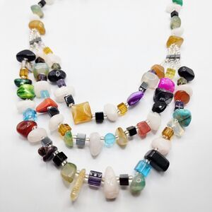 Artisan Multiple Gemstones Bead Treasure Necklace Faceted Layered 22” Colorful